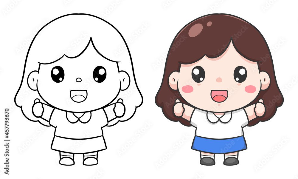 Cute female student cartoon say OK hand draw and coloring Cute female student cartoon say OK hand draw and coloring