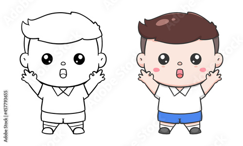 Cute male student cartoon OK sign hand draw and coloring