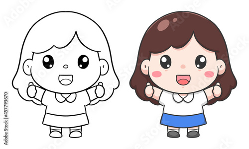 Cute female student cartoon say OK hand draw and coloring