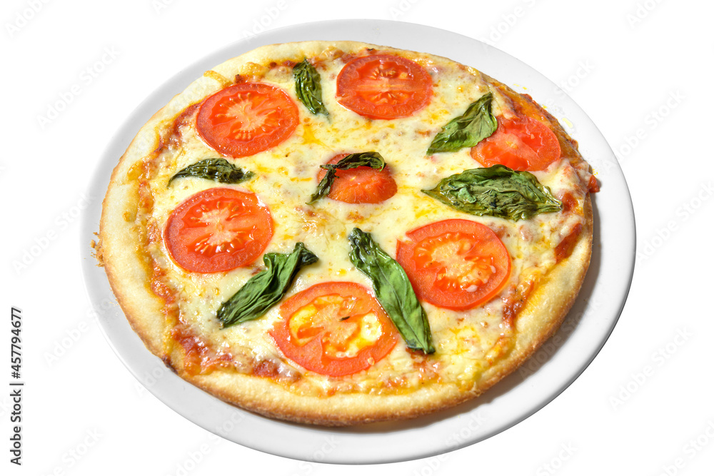 Pizza Margherita isolated on white background. Fresh italian pizza Margarita with Tomatoes, Basil and Mozzarella Cheese Pizza Margherita isolated on white background. Fresh italian pizza Margarita with Tomatoes, Basil and Mozzarella Cheese