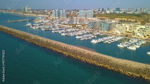Aerial view of yachts in marina of Herzliya, Israel. Mediterranean Sea beach