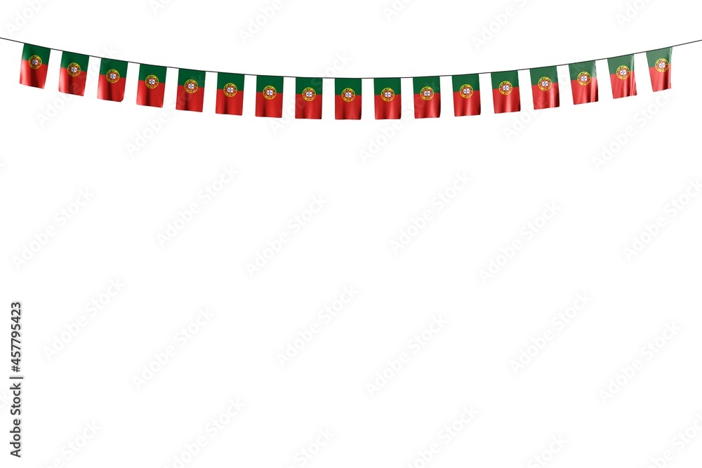 pretty many Portugal flags or banners hanging on string isolated on white - any holiday flag 3d illustration.. pretty many Portugal flags or banners hanging on string isolated on white - any holiday flag 3d illustration..