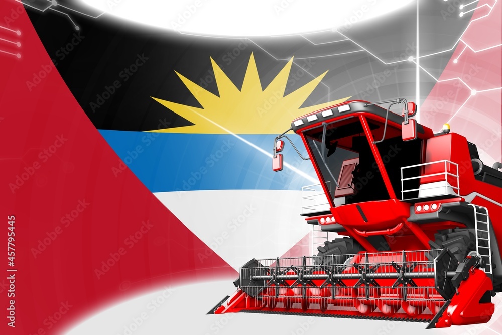 Agriculture innovation concept, red advanced rural combine harvester on Antigua and Barbuda flag - digital industrial 3D illustration