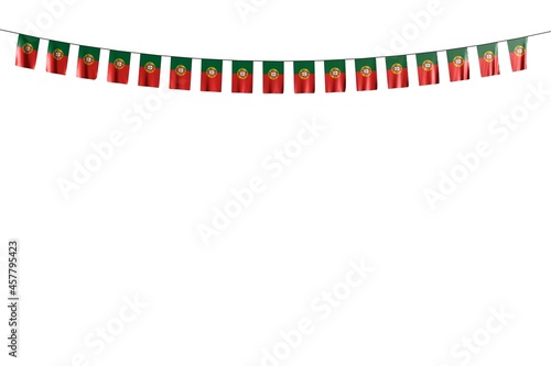 pretty many Portugal flags or banners hanging on string isolated on white - any holiday flag 3d illustration..
