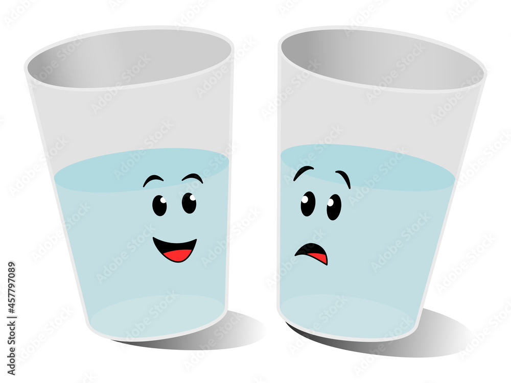 Two glasses shown with an equal proportion of water or liquid to represent the idiom, glass half