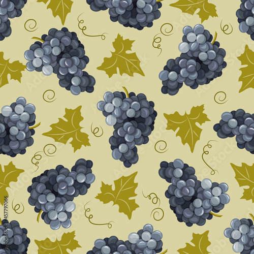 Seamless pattern of grape branches for packaging design. Light background with grape berries and leaves. Vector illustration.