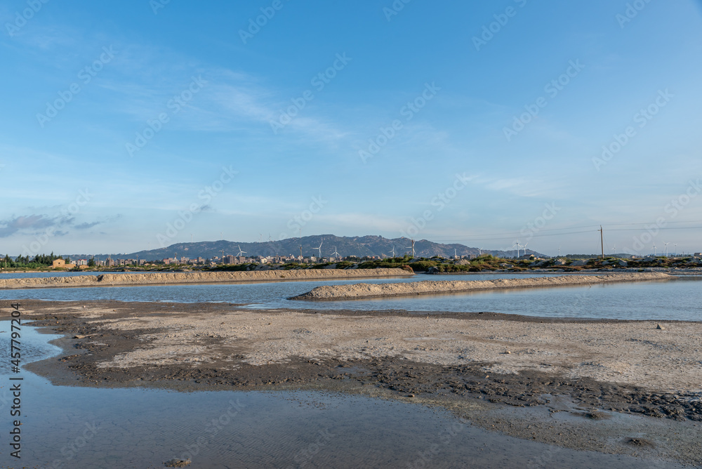Aquaculture farms and saline alkali land by the sea under the blue sky Aquaculture farms and saline alkali land by the sea under the blue sky