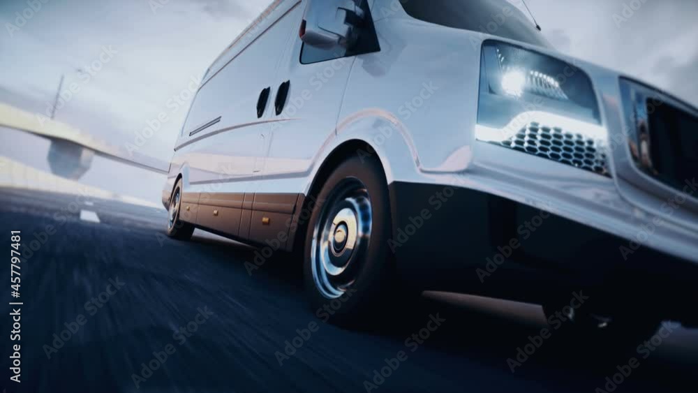 3d generic white delivery van on highway. Very fast driving. Delivery concept. Realistic 4k animation. 3d generic white delivery van on highway. Very fast driving. Delivery concept. Realistic 4k animation.