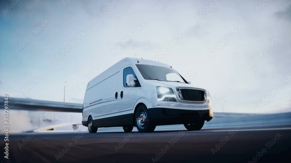 3d generic white delivery van on highway. Very fast driving. Delivery concept. Realistic 4k animation. 3d generic white delivery van on highway. Very fast driving. Delivery concept. Realistic 4k animation.