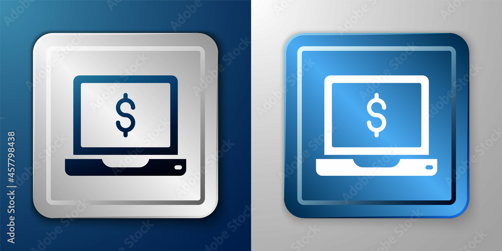 White Laptop with dollar icon isolated on blue and grey background. Sending money around the world, money transfer, online banking, financial transaction. Silver and blue square button. Vector White Laptop with dollar icon isolated on blue and grey background. Sending money around the world, money transfer, online banking, financial transaction. Silver and blue square button. Vector
