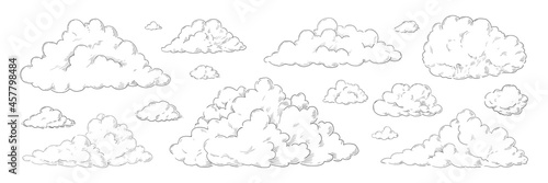 Hand drawn clouds. Vintage sketch of sky background. Retro pencil detailed drawing. Cloudy black and white atmosphere shapes. Freehand cloudscape elements. Vector heaven templates set