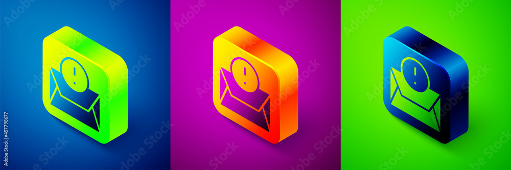 Isometric Envelope icon isolated on blue, purple and green background. Received message concept. New, email incoming message, sms. Mail delivery service. Square button. Vector Isometric Envelope icon isolated on blue, purple and green background. Received message concept. New, email incoming message, sms. Mail delivery service. Square button. Vector