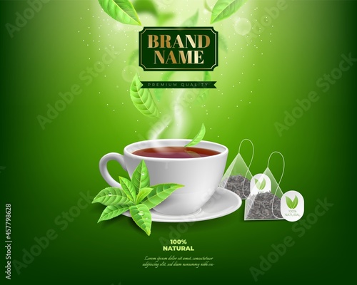 Tea ad background. Realistic green and black drink advertisement with branded teabags. Leaves and porcelain cup on blurred background. Hot beverage banner design. Vector illustration