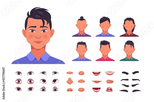 Male face constructor. Man character avatar kit with hair and face shapes. Eyes with eyebrows collection. Nose and lips mockup. Hairstyle creation. Vector cartoon facial elements set