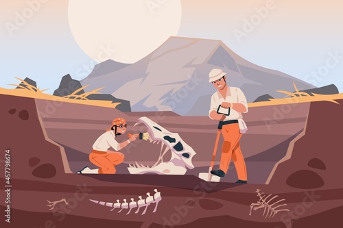 Paleontologist with fossil. Scientists working with ground excavation and prehistorical animal skeleton. People digging up dinosaur bones. Vector exploring and discovery illustration