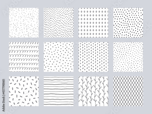 Hand drawn pattern. Seamless doodle prints with minimalistic sketch shapes. Decorative black and white backgrounds with strokes or lines. Simple rings and dots. Vector textures set