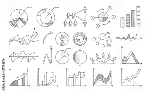 Doodle infographic. Hand drawn business elements for presentation and reports. Minimalistic diagrams or schemes templates. Black and white progress bars. Vector information graphs set