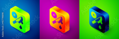 Isometric Thriller movie icon isolated on blue, purple and green background. Bloody knife. Suspenseful cinema genre, survival horror. Shocking films with gore and violence. Square button. Vector