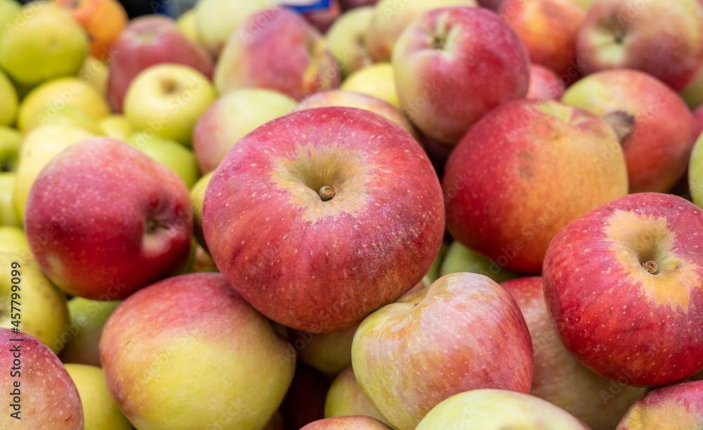 New harvest green red apples for sale at the local city market