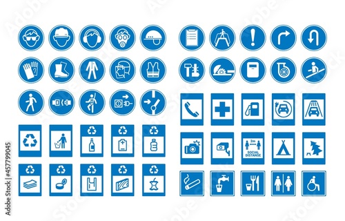 Mandatory sign. Safety and caution symbols on construction and factory. Hazard and prohibited icons. Isolated square and round signage mockup. Vector attention and danger stickers set