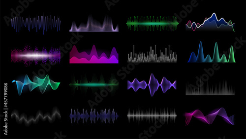 Audio frequency. Sound waveform HUD interface templates. Soundwave spectrum and futuristic signal dynamic amplitudes. Musical player. Vector digital or analog record equipment UI mockup set