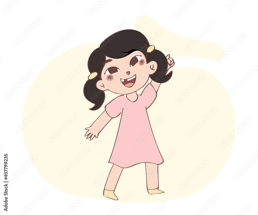 Little cute child kid baby girl wearing light clothes dancing. Childhood concept hand drawn vector illustration Little cute child kid baby girl wearing light clothes dancing. Childhood concept hand drawn vector illustration
