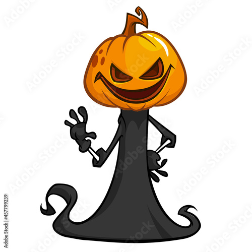 Grim reaper pumpkin head cartoon character with scythe. Halloween jack o lantern illustration design for party invitation or poster. Vector scarecrow