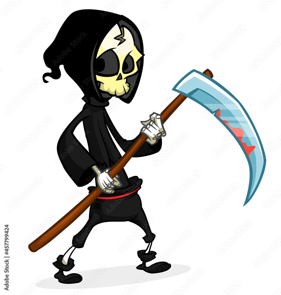 Obraz premium Grim reaper cartoon character with scythe. Halloween skeleton design for party invitation or poster. Vector isolated