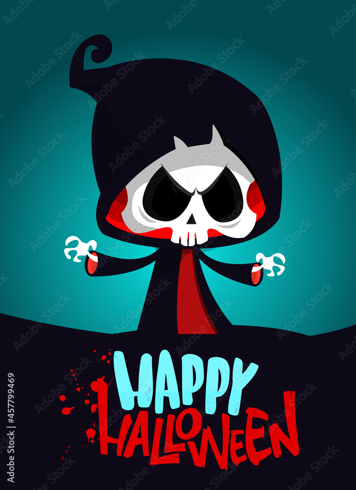 Grim reaper cartoon character with scythe. Halloween funny death skeleton illustration. Package, poster or greeting invitation design. Vector