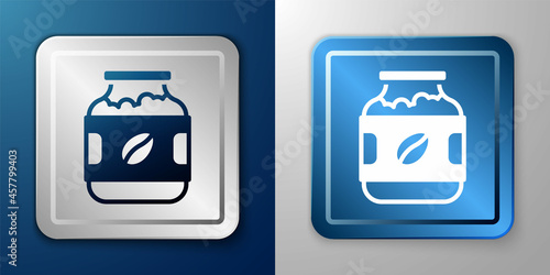White Coffee jar bottle icon isolated on blue and grey background. Silver and blue square button. Vector