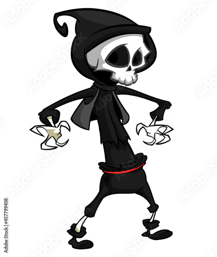 Grim reaper cartoon character with scythe. Halloween skeleton design for party invitation or poster. Vector isolated