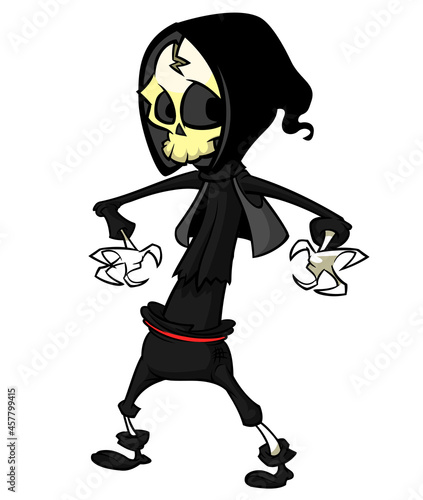 Grim reaper cartoon character with scythe. Halloween skeleton design for party invitation or poster. Vector isolated