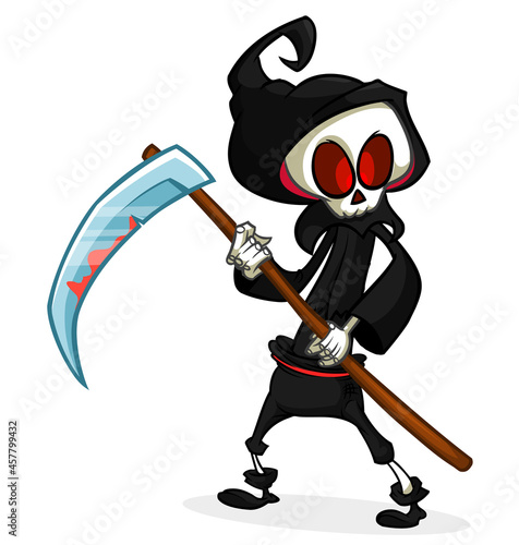 Grim reaper cartoon character with scythe. Halloween skeleton design for party invitation or poster. Vector isolated