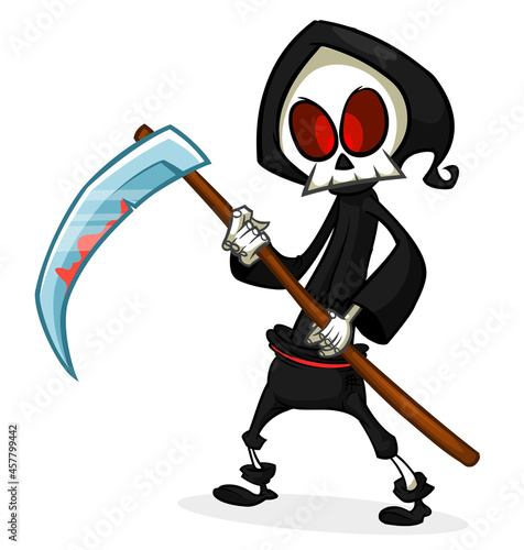Grim reaper cartoon character with scythe. Halloween skeleton design for party invitation or poster. Vector isolated