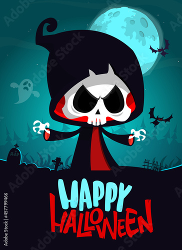 Grim reaper cartoon character with scythe. Halloween funny death skeleton illustration. Package, poster or greeting invitation design. Vector