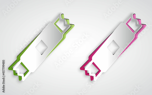 Paper cut Sugar stick packets icon isolated on grey background. Blank individual package for bulk food products as coffee, salt, spices. Paper art style. Vector