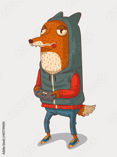 Funny dude fox dressed in hoody is playing video games
