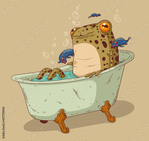Pleased calm frog is taking a bath in a company of cute tiny fish
