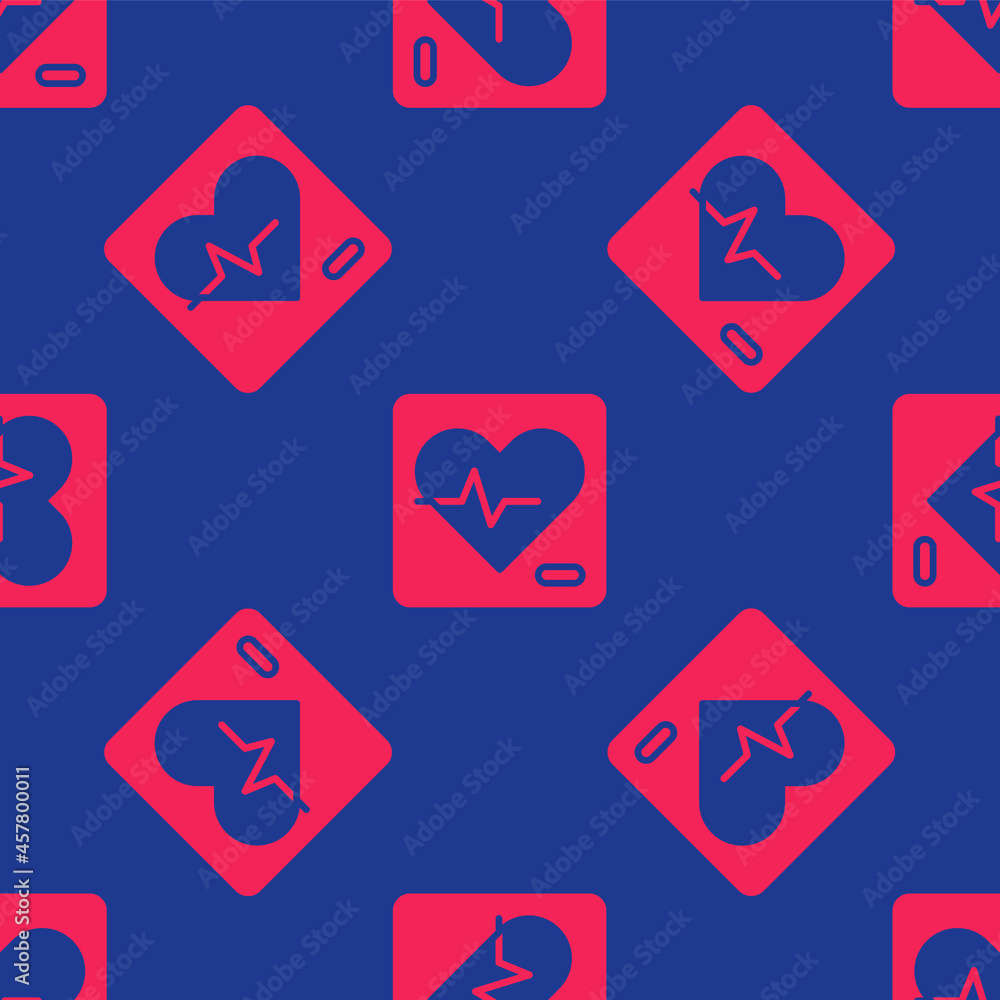 Red Heart rate icon isolated seamless pattern on blue background. Heartbeat sign. Heart pulse icon. Cardiogram icon. Vector Red Heart rate icon isolated seamless pattern on blue background. Heartbeat sign. Heart pulse icon. Cardiogram icon. Vector