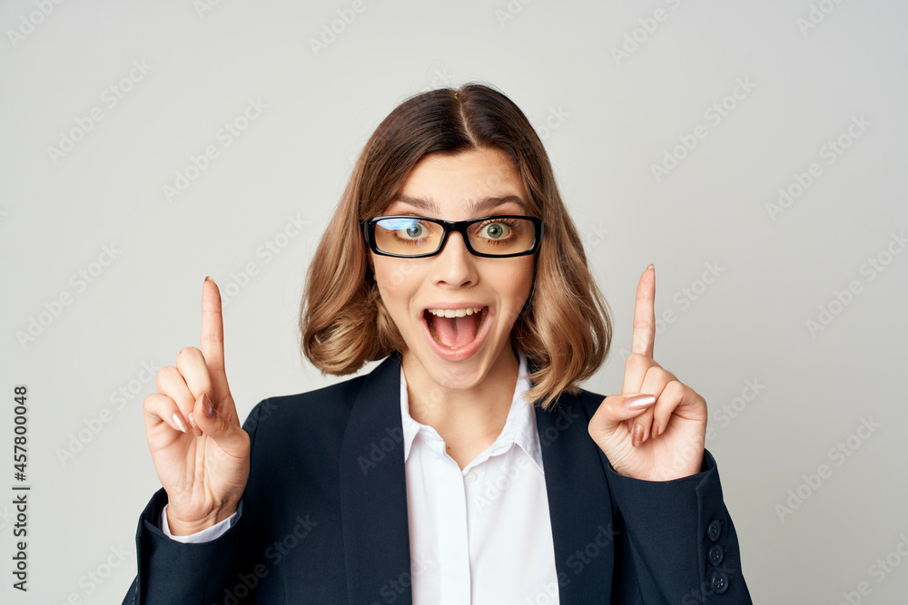 cheerful business woman in suit gesturing with hands official work cheerful business woman in suit gesturing with hands official work