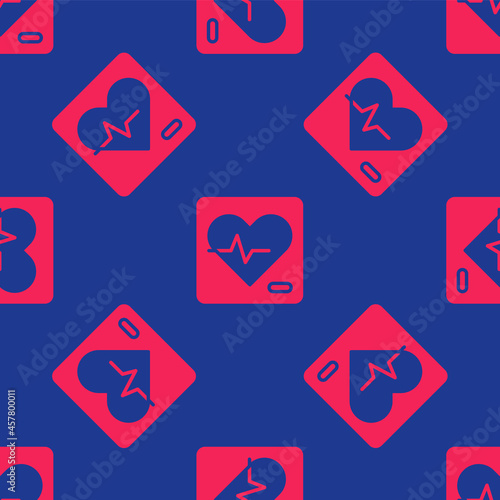 Red Heart rate icon isolated seamless pattern on blue background. Heartbeat sign. Heart pulse icon. Cardiogram icon. Vector