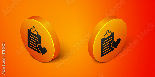 Isometric Medical clipboard with clinical record icon isolated on orange background. Prescription, medical check marks report. Orange circle button. Vector