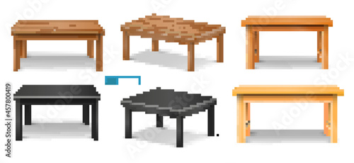 set of realistic brown wooden table top or pine wood tabletop isolated or montage table display detailed. eps vector