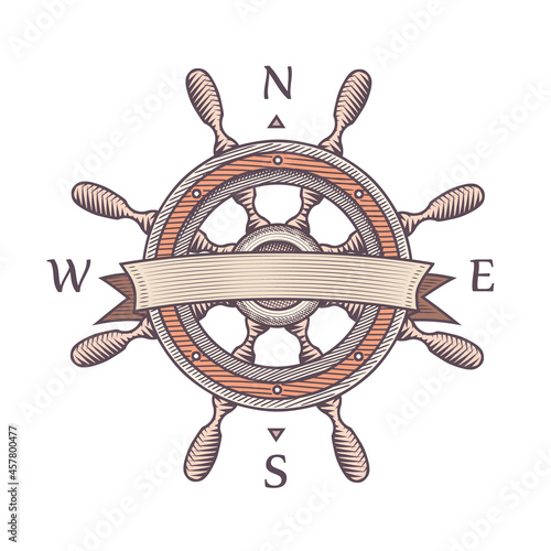 Steering wheel. Helm. Rudder of the ship. Engraving. Vector.