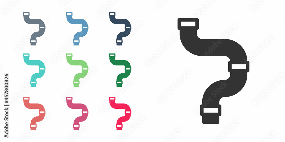 Black Industry metallic pipe icon isolated on white background. Plumbing pipeline parts of different shapes. Set icons colorful. Vector Black Industry metallic pipe icon isolated on white background. Plumbing pipeline parts of different shapes. Set icons colorful. Vector