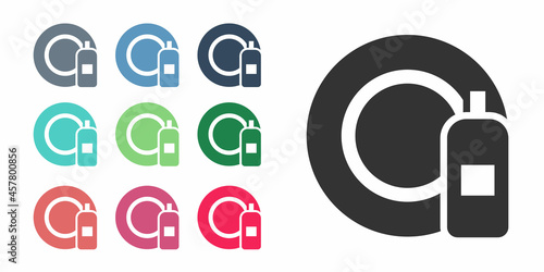 Black Dishwashing liquid bottle and plate icon isolated on white background. Liquid detergent for washing dishes. Set icons colorful. Vector