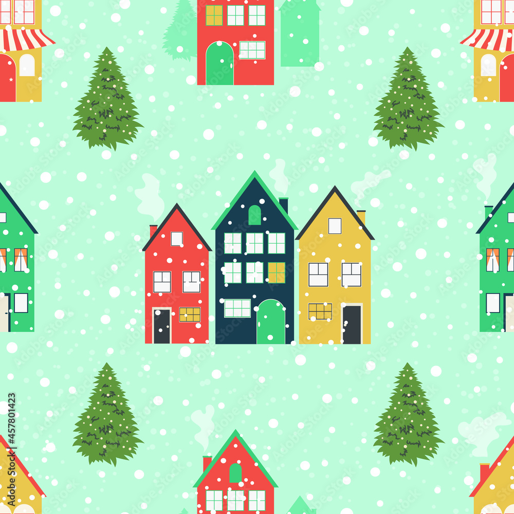 Winter cityscape concept. Seamless Christmas pattern with a blue background for trendy fabrics, decorative pillows, wrapping festive paper. Vector.
