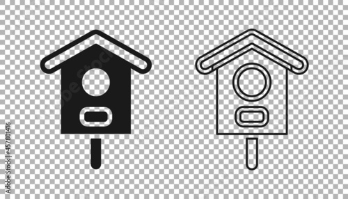 Black Bird house icon isolated on transparent background. Nesting box birdhouse, homemade building for birds. Vector