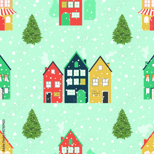 Winter cityscape concept. Seamless Christmas pattern with a blue background for trendy fabrics, decorative pillows, wrapping festive paper. Vector. © Sagittarius_13