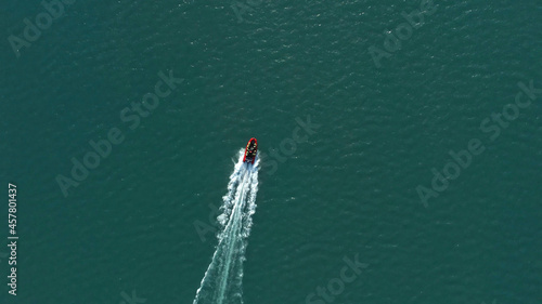 Tourists speed Boat at Glacier Lagoon aerial drone shot from Jökulsárlón Iceland, September, 2021 
